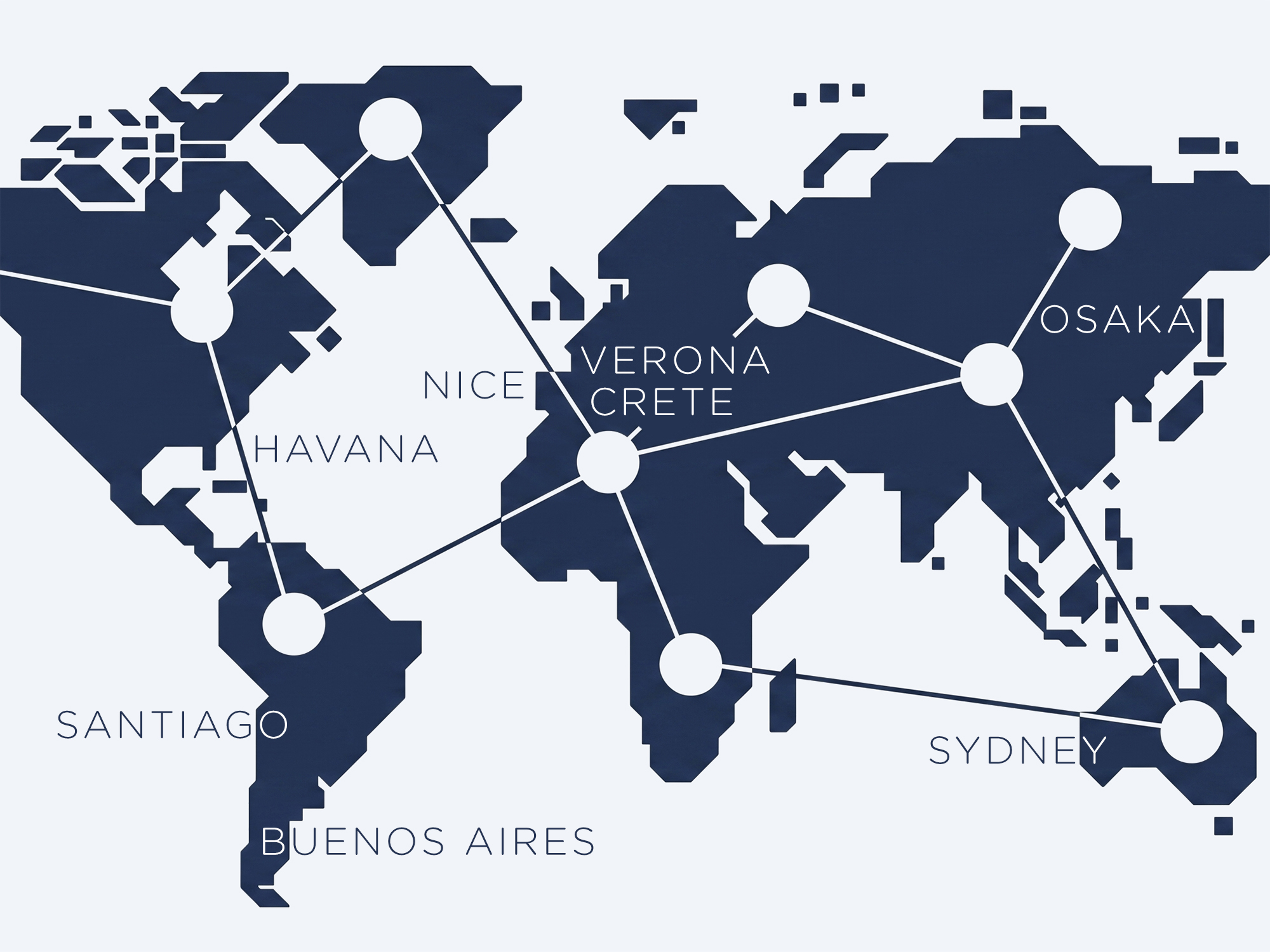 World map of past AMA Global Marketing SIG conference cities including Sydney, Verona, Santiago, Crete, Havana, Nice, Buenos Aires, and Osaka
